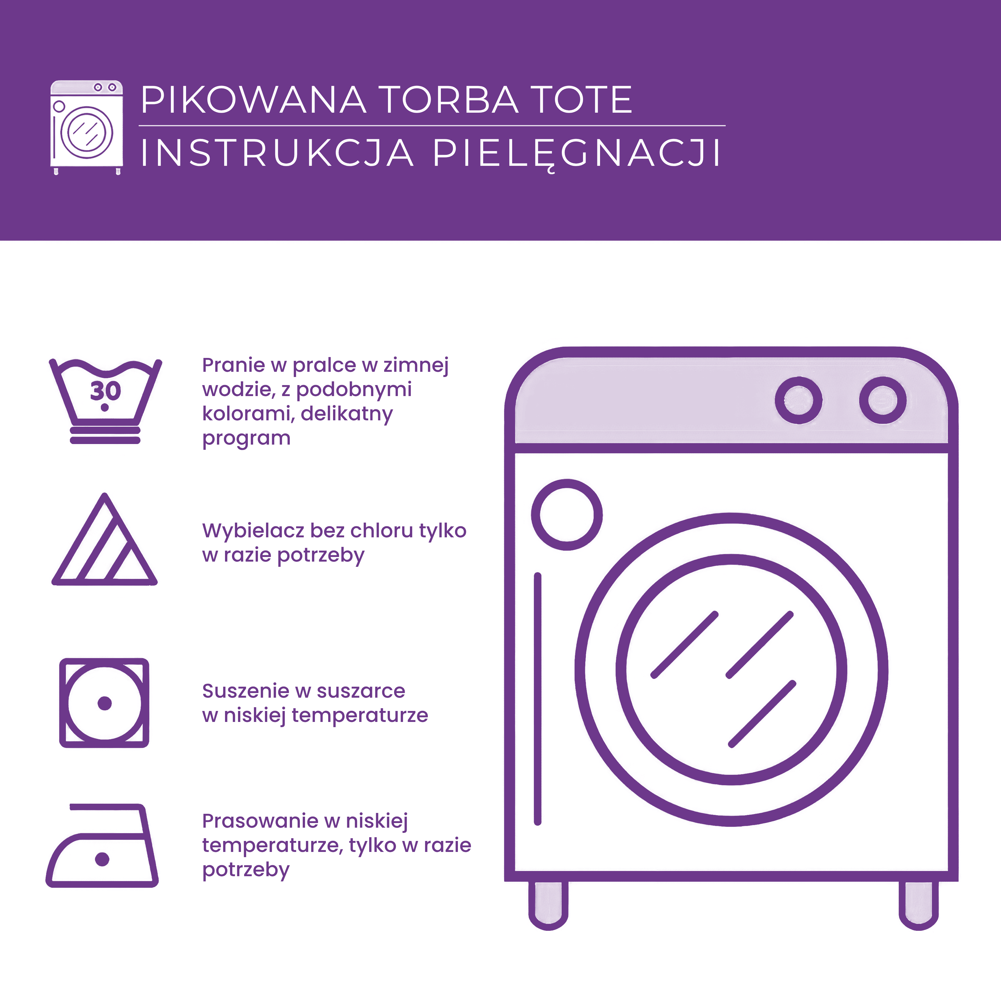 Instrukcja pielęgnacji pikowanej torby tote.