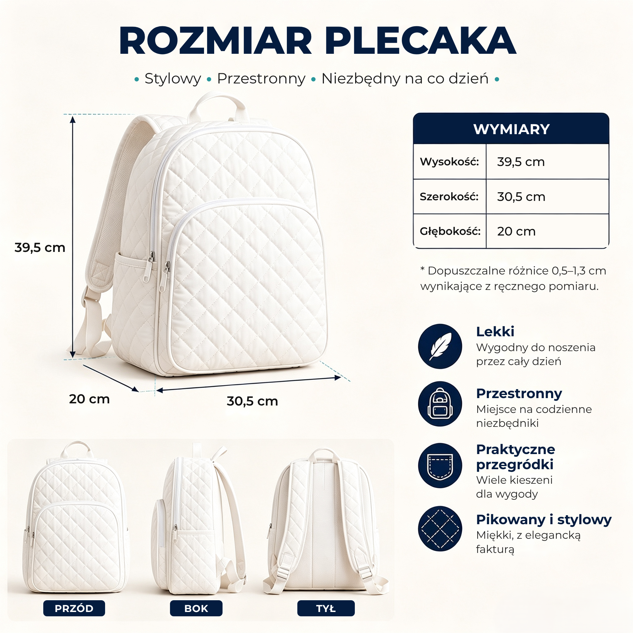 Wymiary pikowanego plecaka: 39,5 × 30,5 × 20 cm.