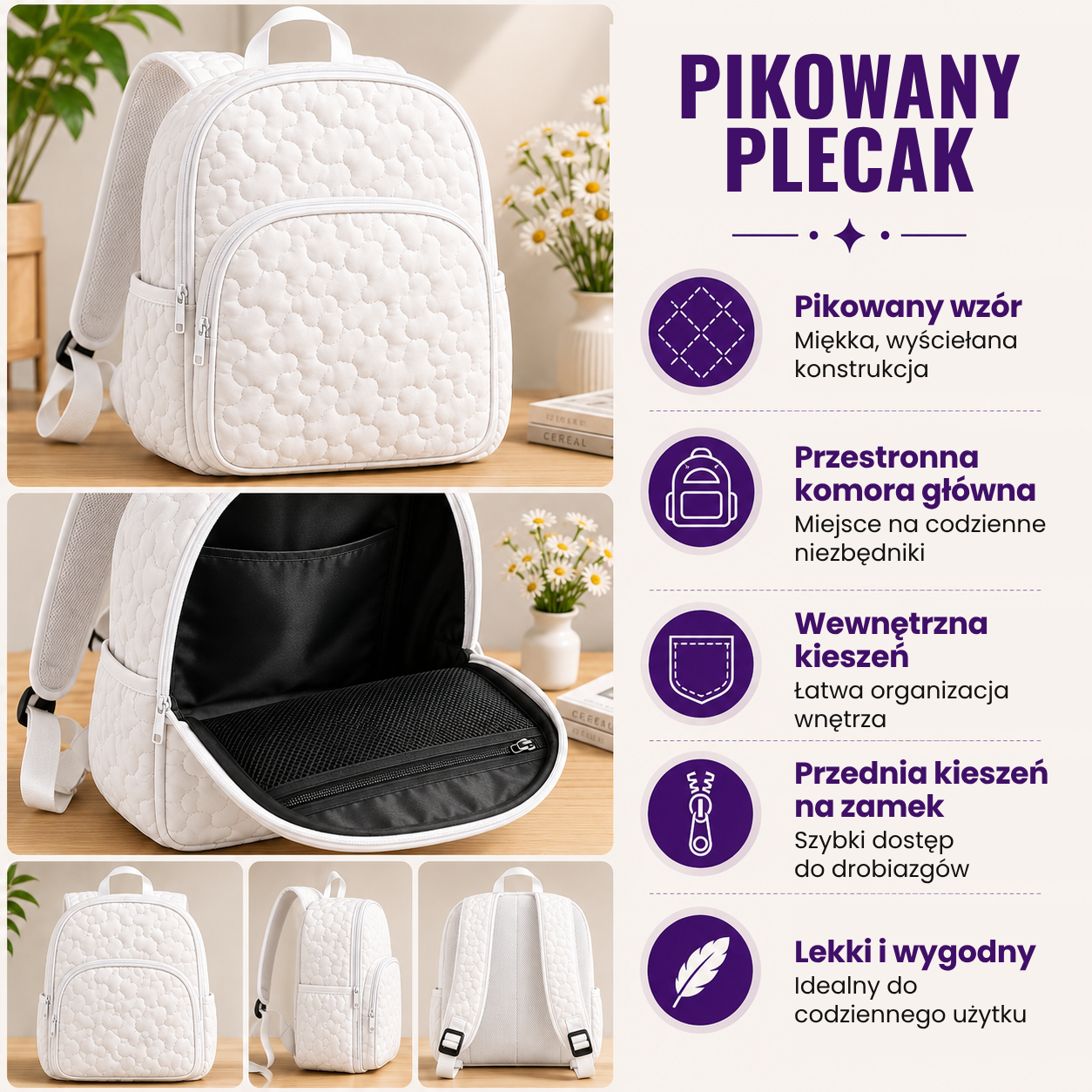 Biały pikowany plecak z przestronną komorą i kieszeniami.