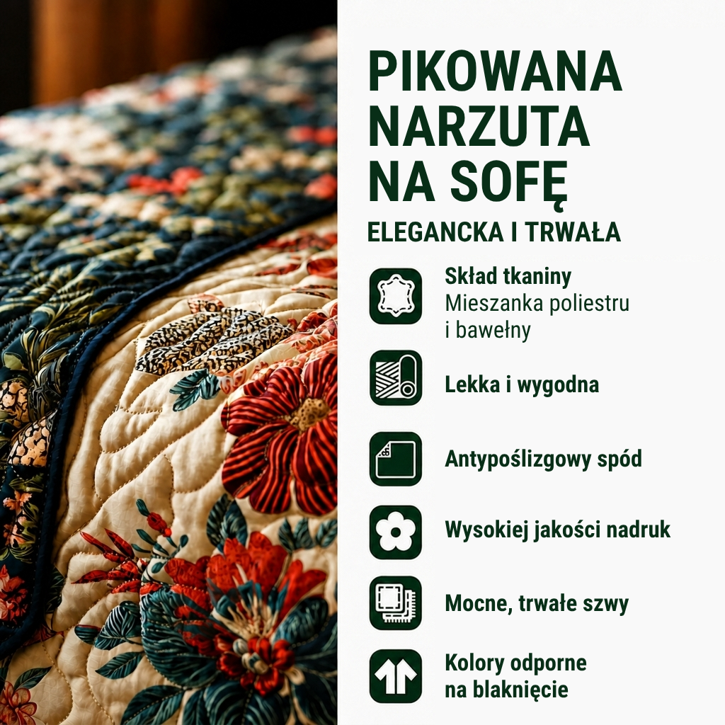 Pikowana narzuta na sofę – elegancka i trwała, z antypoślizgowym spodem.