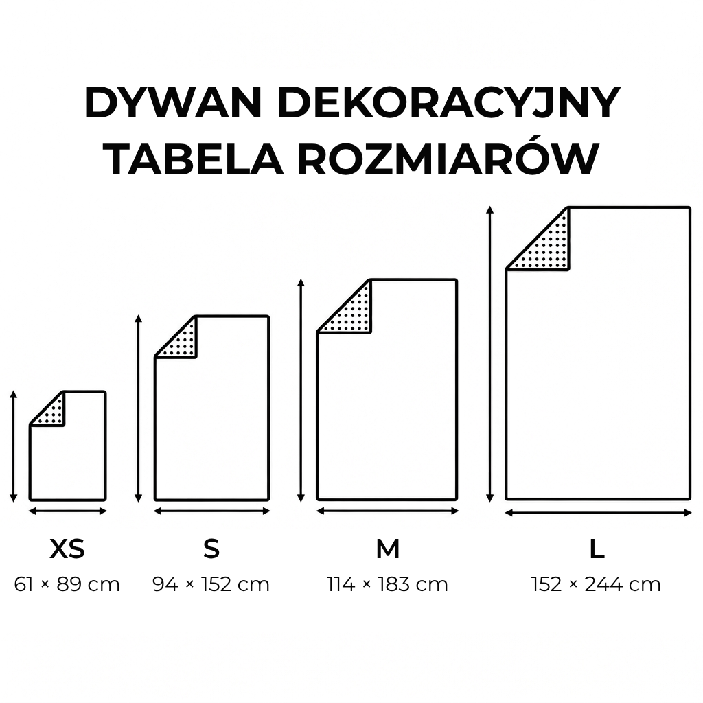 Tabela rozmiarów dywanu dekoracyjnego: XS, S, M i L.