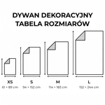 Tabela rozmiarów dywanu dekoracyjnego: XS, S, M i L.
