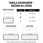 Tabela rozmiarów bieżnika na łóżko: S, M i L.