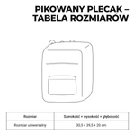 Pikowany plecak – tabela rozmiarów: 30,5 × 39,5 × 20 cm.