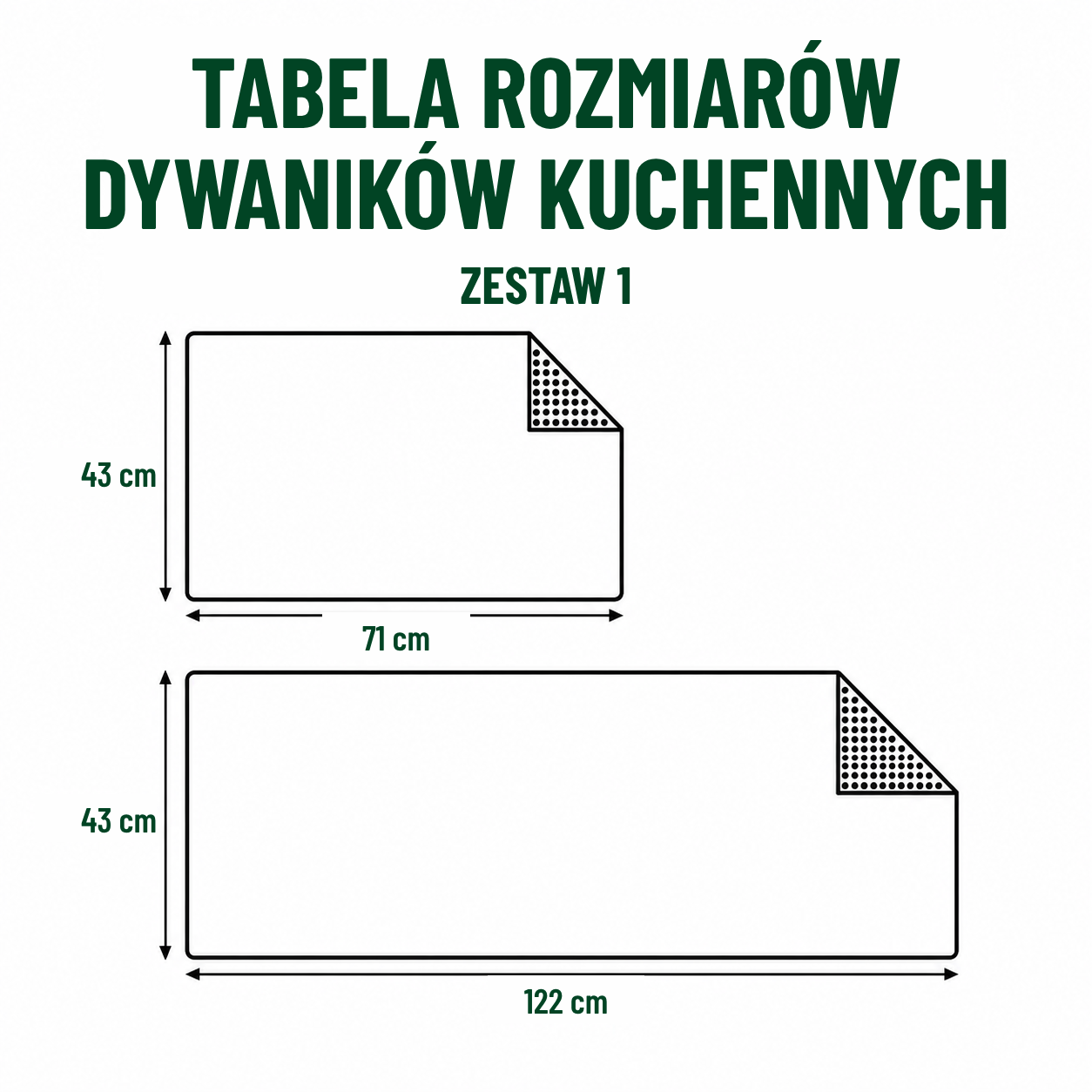 Tabela rozmiarów dywaników kuchennych – zestaw 1 w centymetrach.