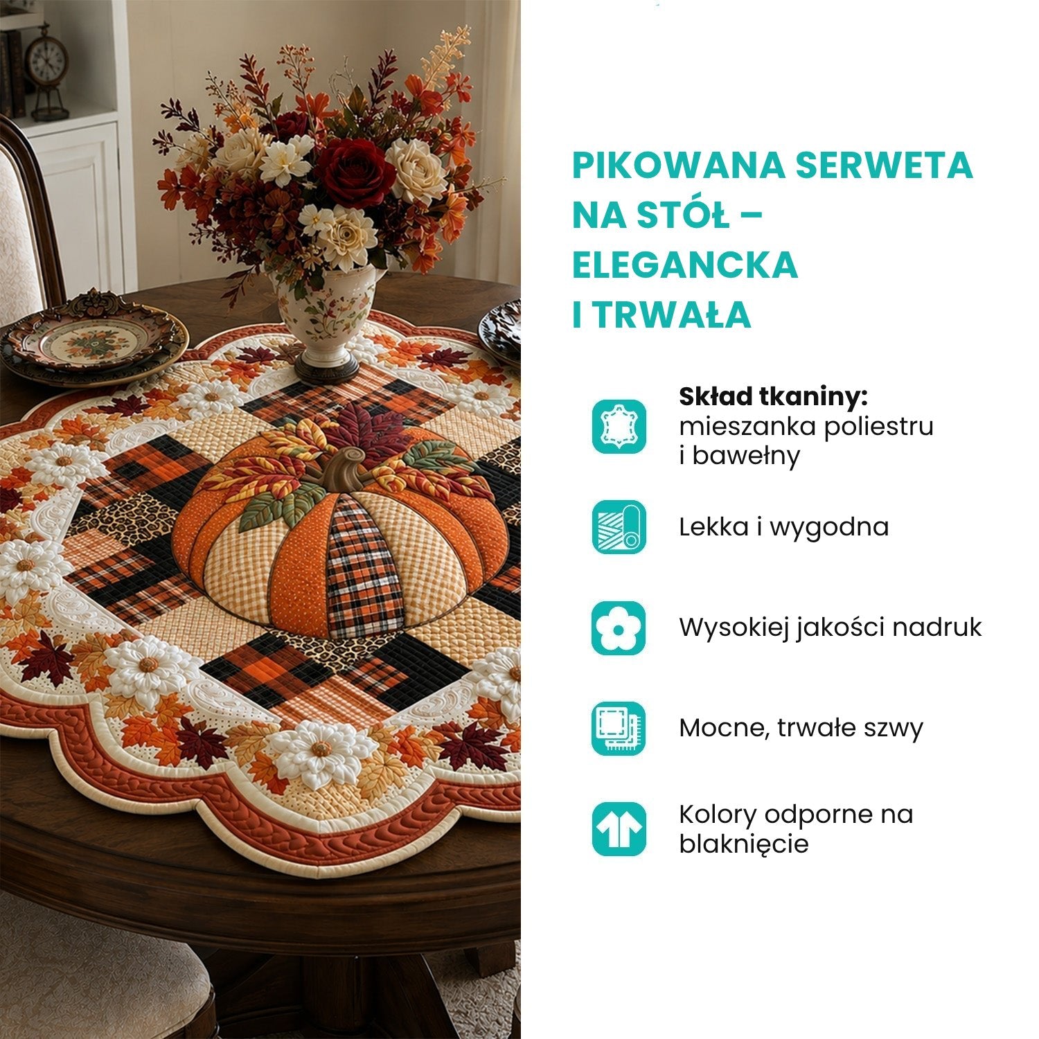 Pikowana serweta na stół – elegancka i trwała, z dekoracyjnym wzorem dyni.