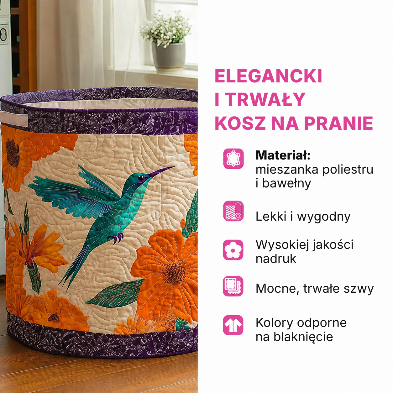 Elegancki i trwały pikowany kosz na pranie z motywem kolibra.