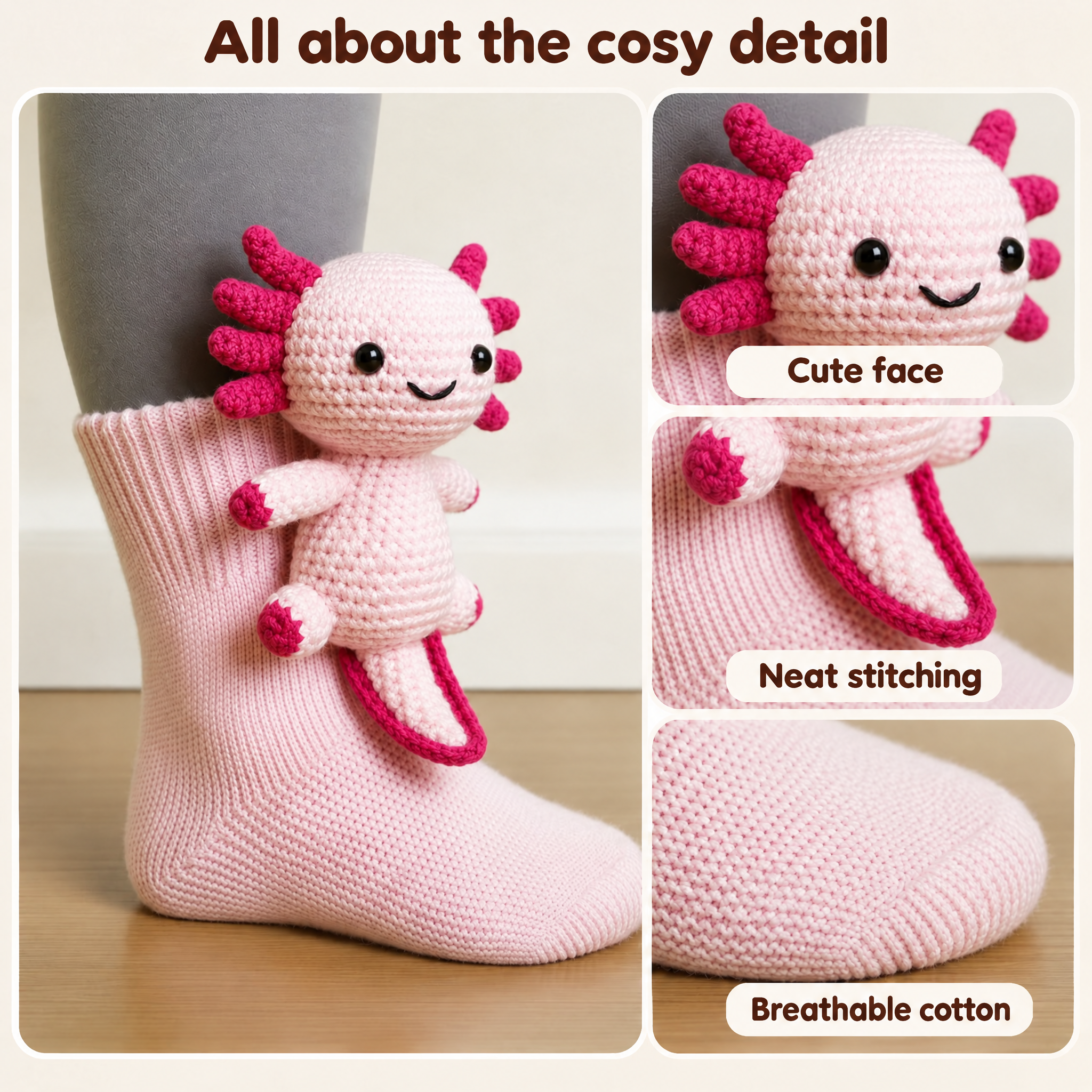 Cuddle socks axolotl details