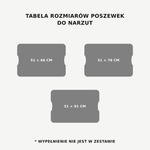 Tabela rozmiarów poszewek do narzut: 51 × 66, 51 × 76 i 51 × 91 cm.