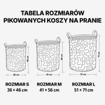 Tabela rozmiarów pikowanych koszy na pranie: S, M i L.