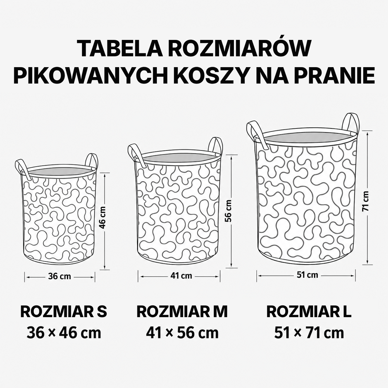 Tabela rozmiarów pikowanych koszy na pranie: S, M i L.