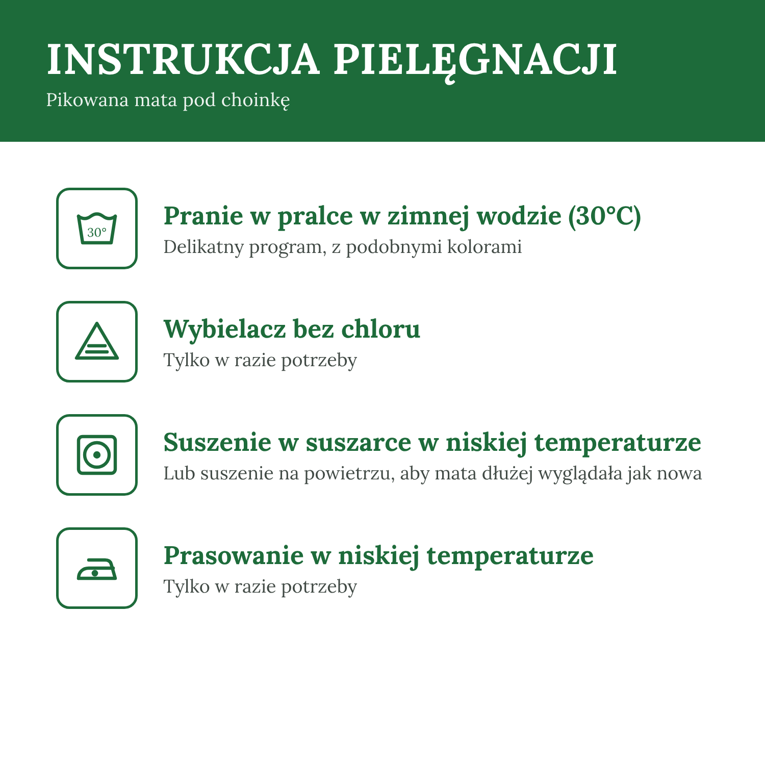 Instrukcja pielęgnacji pikowanej maty pod choinkę.