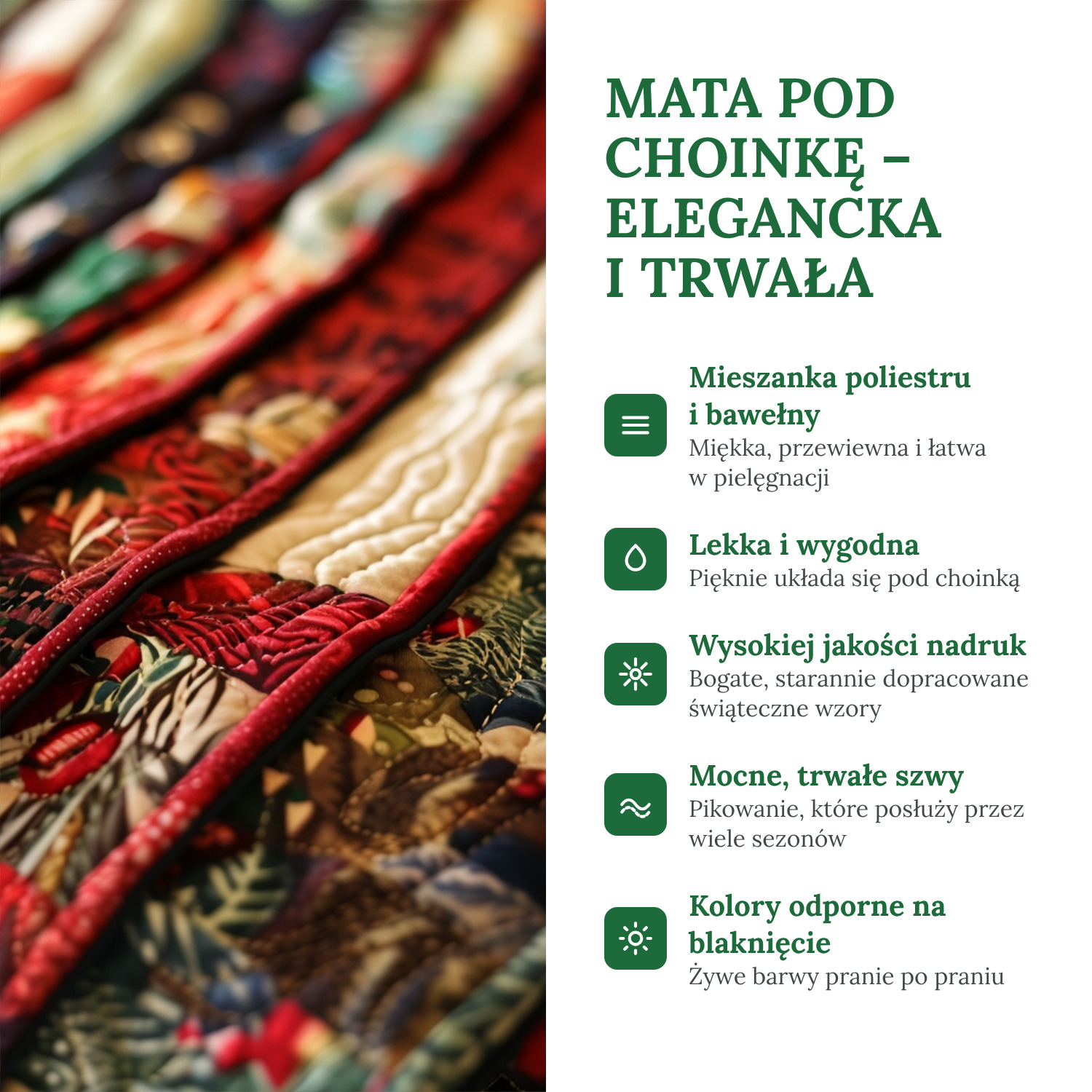 Pikowana mata pod choinkę – elegancka i trwała, mieszanka poliestru i bawełny.