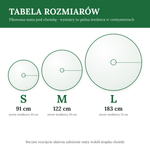 Tabela rozmiarów pikowanej maty pod choinkę: S 91 cm, M 122 cm i L 183 cm średnicy.